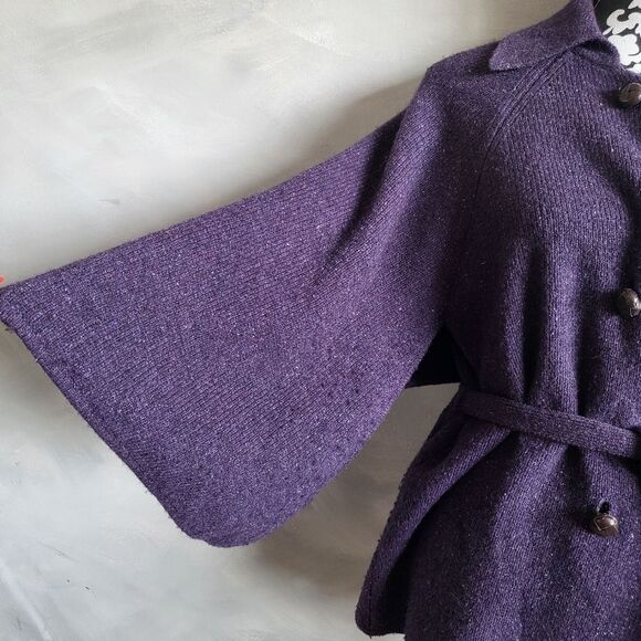 Purple Wool Silk Blend Belted Button down Collar Oversized Sleeve Cardigan S - Picture 7 of 14